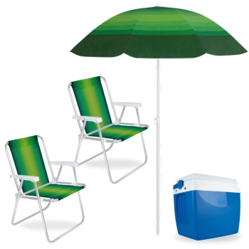 Kit Guarda Sol Fps 70 1,50 M + 2 Cadeiras de Praia Alta Alumnio + Caixa Trmica 26 L Parque Piscina
