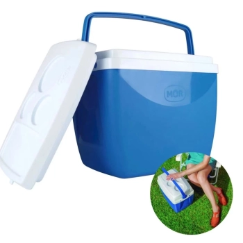 Kit 2 Cadeiras de Praia + Guarda-sol Branco e Azul + Caixa Trmica 26 L