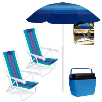 Kit Praia Caixa Trmica 26 L + Guarda Sol Fps 70 1,50 M + 2 Cadeiras 4 Posies Ao Coloridas