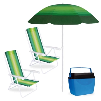 Kit Praia Caixa Trmica 26 L + Guarda Sol Fps 70 1,50 M + 2 Cadeiras 4 Posies Ao Coloridas