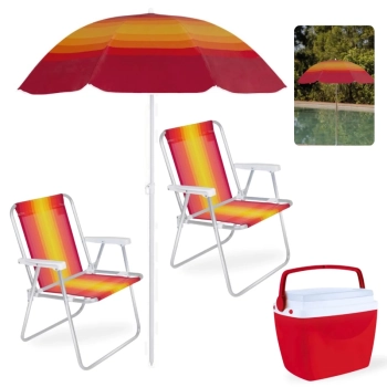 Kit Praia Guarda Sol Fps 70 1,50 M + 2 Cadeiras Alta Alumnio + Caixa Trmica Vermelha 26 L Piscina