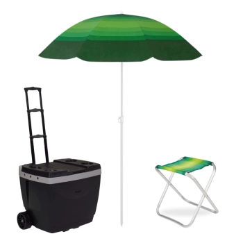 Caixa Trmica Preta 42 Lts Rodas e Ala + Guarda Sol Fps 70 1,50 M + Banqueta Dobravel Praia / Pesca