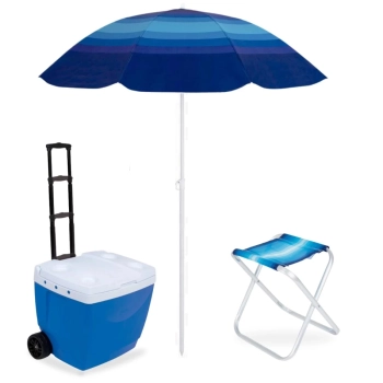 Kit Caixa Trmica 42 Lts com Ala e Rodas + Guarda Sol Fps 70 1,50 M + Banqueta Dobrvel Praia Pesca