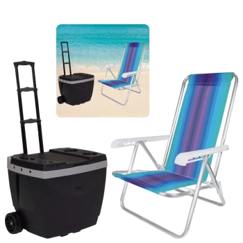 Kit Praia / Pesca Caixa Termica 42 L Rodas e Ala + Cadeira 4 Posies Alumnio
