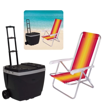Kit Praia / Pesca Caixa Termica 42 L Rodas e Ala + Cadeira 4 Posies Alumnio