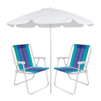 Kit 2 Cadeiras de Praia em Alumnio + Guarda Sol Bagum 2 M Branco Aluminio