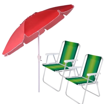Kit Guarda Sol Vermelho 2,50 M Manivela + 2 Cadeiras de Praia Aluminio