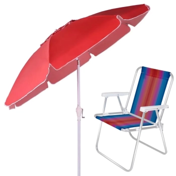 Kit Guarda Sol Vermelho 2,50 M Manivela + Uma Cadeira de Praia Aluminio