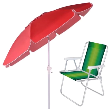 Kit Guarda Sol Vermelho 2,50 M Manivela + Uma Cadeira de Praia Aluminio