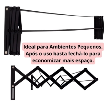 Varal de Parede Retratil Sanfonado 1 Metro + Kit Instalao Preto Ao para Apartamentos e Casas