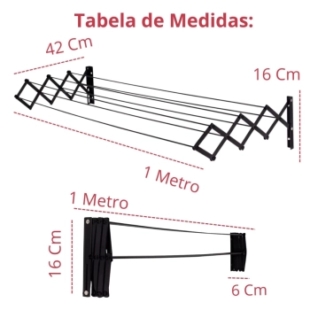 Varal de Parede Retratil Sanfonado 1 Metro + Kit Instalao Preto Ao para Apartamentos e Casas
