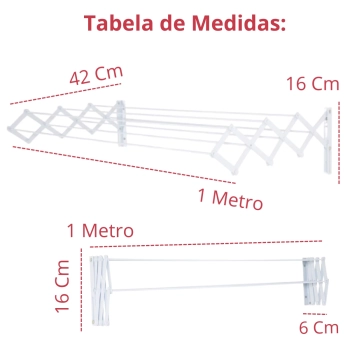 Varal de Parede Retratil Sanfonado 1 Metro + Kit Instalao Branco Ao para Apartamentos e Casas