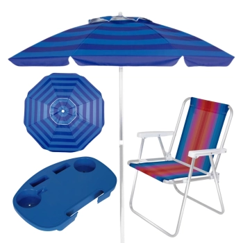 Kit Guarda-sol 2 M Alumnio Azul + Mesa Porttil + 1 Cadeira Pesca / Praia