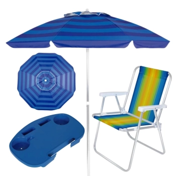Kit Guarda-sol 2 M Alumnio Azul + Mesa Porttil + 1 Cadeira Pesca / Praia