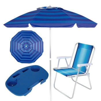 Kit Guarda-sol 2 M Alumnio Azul + Mesa Porttil + 1 Cadeira Pesca / Praia