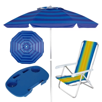 Kit Guarda-sol 2 M Azul + Mesa Porttil + 1 Cadeira 4 Posies Pesca / Praia