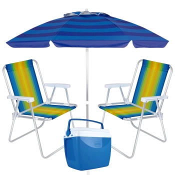 Kit Guarda-sol 2 M Articulado + 2 Cadeiras + Cooler 18 L Pesca / Praia