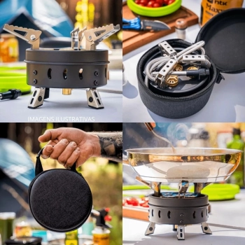 Kit Fogareiro Porttil Super Chama com Acendedor Camping e Pesca + 2 Cartuchos de Gs 450g Cada