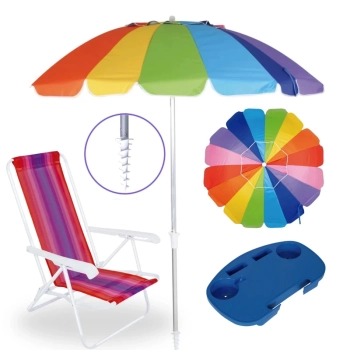 Kit Guarda Sol Articulado 2,10 M com Saca Areia + Cadeira Praia 4 Pos. + Mesa Porttil