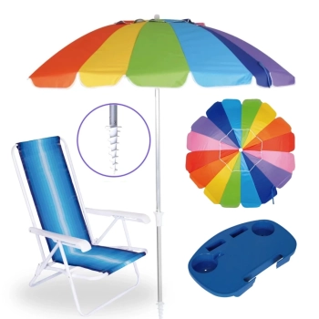 Kit Guarda Sol Articulado 2,10 M com Saca Areia + Cadeira Praia 4 Pos. + Mesa Porttil