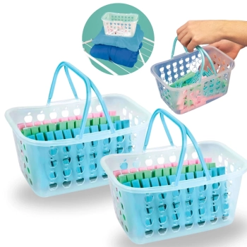 Kit com 2 Cestas com Ala e 108 Unidades de Prendedores de Roupa Lavanderia Mor