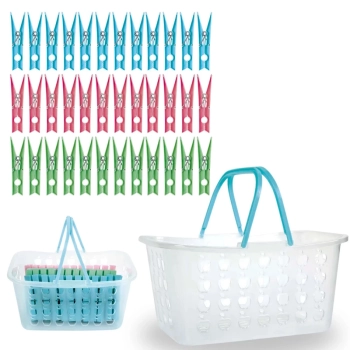 Kit com 2 Cestas com Ala e 108 Unidades de Prendedores de Roupa Lavanderia Mor