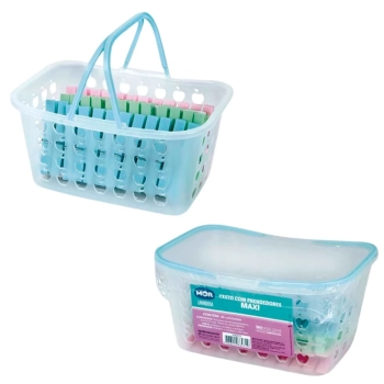 Kit com 2 Cestas com Ala e 108 Unidades de Prendedores de Roupa Lavanderia Mor