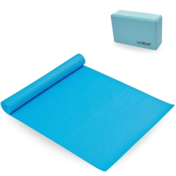 Kit Colchonete Tapete Yoga 1,73m + Bloco de Apoio para Pilates em Eva Azul Exercicios Treino