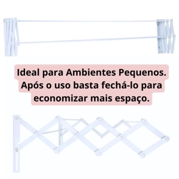 Kit Varal de Parede Sanfonado 1 Metro Branco + 2 Mini Varais Redondos com 24 Grampos Apartamento