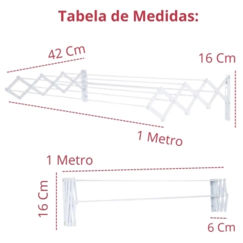 Kit Varal de Parede Sanfonado 1 Metro Branco + 2 Mini Varais Redondos com 24 Grampos Apartamento