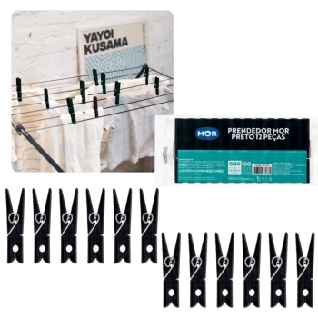 Kit Varal de Cho Preto Ao 75 Cm Slim + Mini Varal Redondo + 72 Pregadores Lavanderia Mor