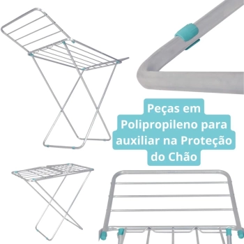 Kit Varal de Cho Aluminio 1,43 Metros com Aba Slim Portatil + 48 Grampos Coloridos Lavanderia