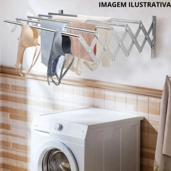 Kit Varal de Parede Retratil Sanfonado Aluminio 1 M + Kit Instalao + 48 Pregadores Pretos Lavanderia