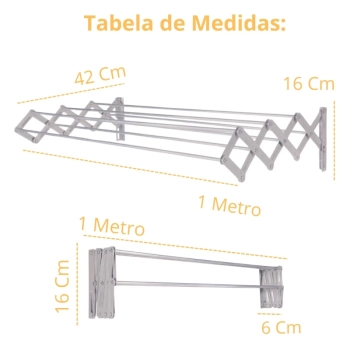 Kit Varal de Parede Retratil Sanfonado Aluminio 1 M + Kit Instalao + 48 Pregadores Pretos Lavanderia