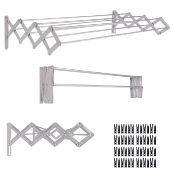 Kit Varal de Parede Retratil Sanfonado Aluminio 1 M + Kit Instalao + 48 Pregadores Pretos Lavanderia