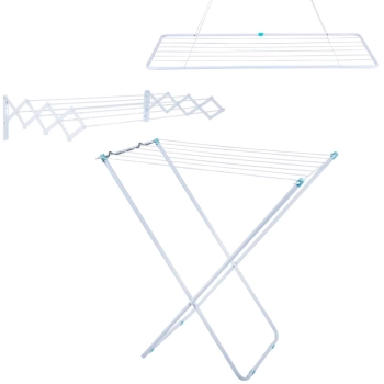 Kit Varal de Cho 75 Cm Branco + Varal de Parede Sanfonado 1 M + Varal de Teto 120 Cm para Lavanderia