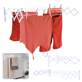 Kit Varal de Cho 75 Cm Branco + Varal de Parede Sanfonado 1 M + Varal de Teto 120 Cm para Lavanderia