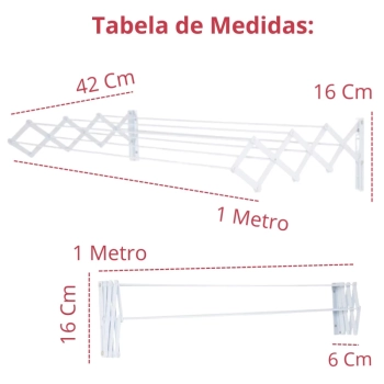 Kit Varal de Cho 75 Cm Branco + Varal de Parede Sanfonado 1 M + Varal de Teto 120 Cm para Lavanderia