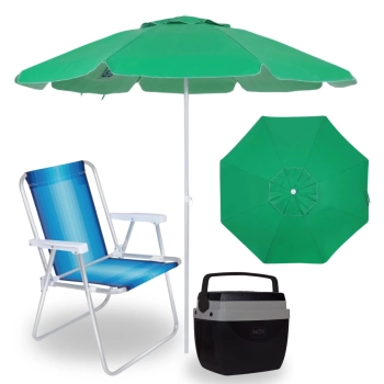 Kit Cooler 12 L Preto com Ala + Cadeira de Praia Aluminio + Guarda Sol 1,60 M