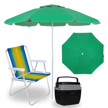 Kit Cooler 12 L Preto com Ala + Cadeira de Praia Aluminio + Guarda Sol 1,60 M