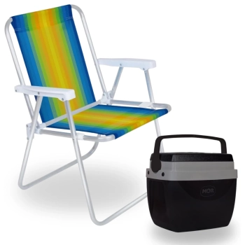 Kit Caixa Termica Preta Cooler 12 L com Ala + Cadeira de Praia Aluminio