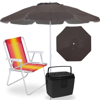 Kit Guarda Sol 2 M Bagum + Cadeira de Praia Aluminio + Cooler 19 L Preto Pesca