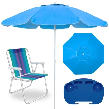 Kit Guarda Sol Azul Bahia 2 M Bagum + Cadeira de Praia Aluminio + Mesa Porta Copos