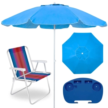 Kit Guarda Sol Azul Bahia 2 M Bagum + Cadeira de Praia Aluminio + Mesa Porta Copos
