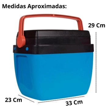 Kit Caixa Termica Azul e Laranja Cooler 12 L + Cadeira de Praia Azul Xadrez