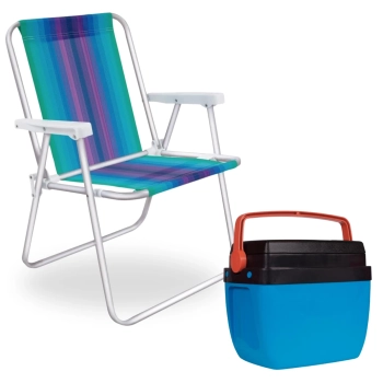 Kit Cadeira de Praia Aluminio + Caixa Termica Azul e Laranja Cooler 12 Litros