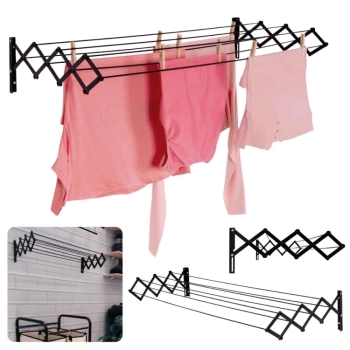 Kit Varal de Teto 120 Cm Preto + Varal Sanfonado 1 M + Varal de Cho com Abas 1,43 M Lavanderia