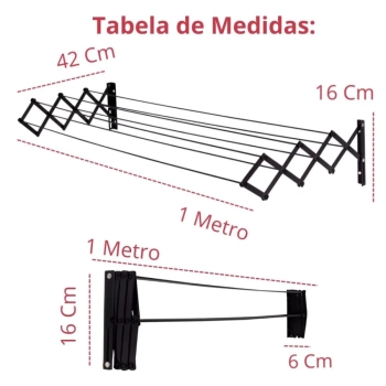 Kit Varal de Teto 120 Cm Preto + Varal Sanfonado 1 M + Varal de Cho com Abas 1,43 M Lavanderia