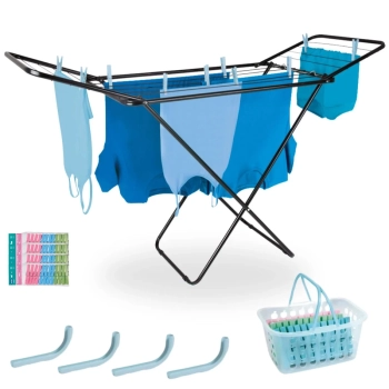 Kit Varal Preto com Abas 1,43 M + Uma Pequena Cesta + 84 Grampos + 4 Protetores de Varal