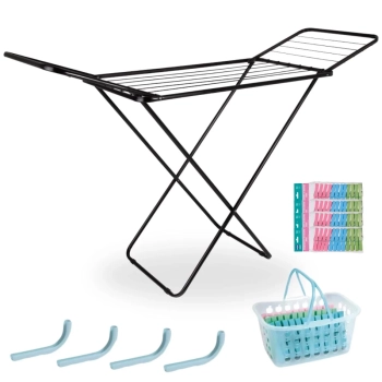 Kit Varal Preto com Abas 1,43 M + Uma Pequena Cesta + 84 Grampos + 4 Protetores de Varal